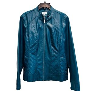 Susan Graver Size M Pine Green Zip-Up Diamond Quilted Front Faux Leather Jacket